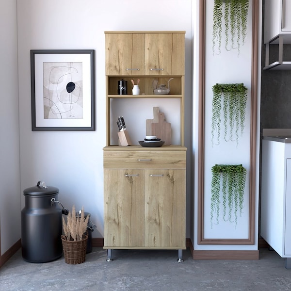 Della 60 Kitchen Pantry With Countertop, Closed & Open Storage, Light Oak